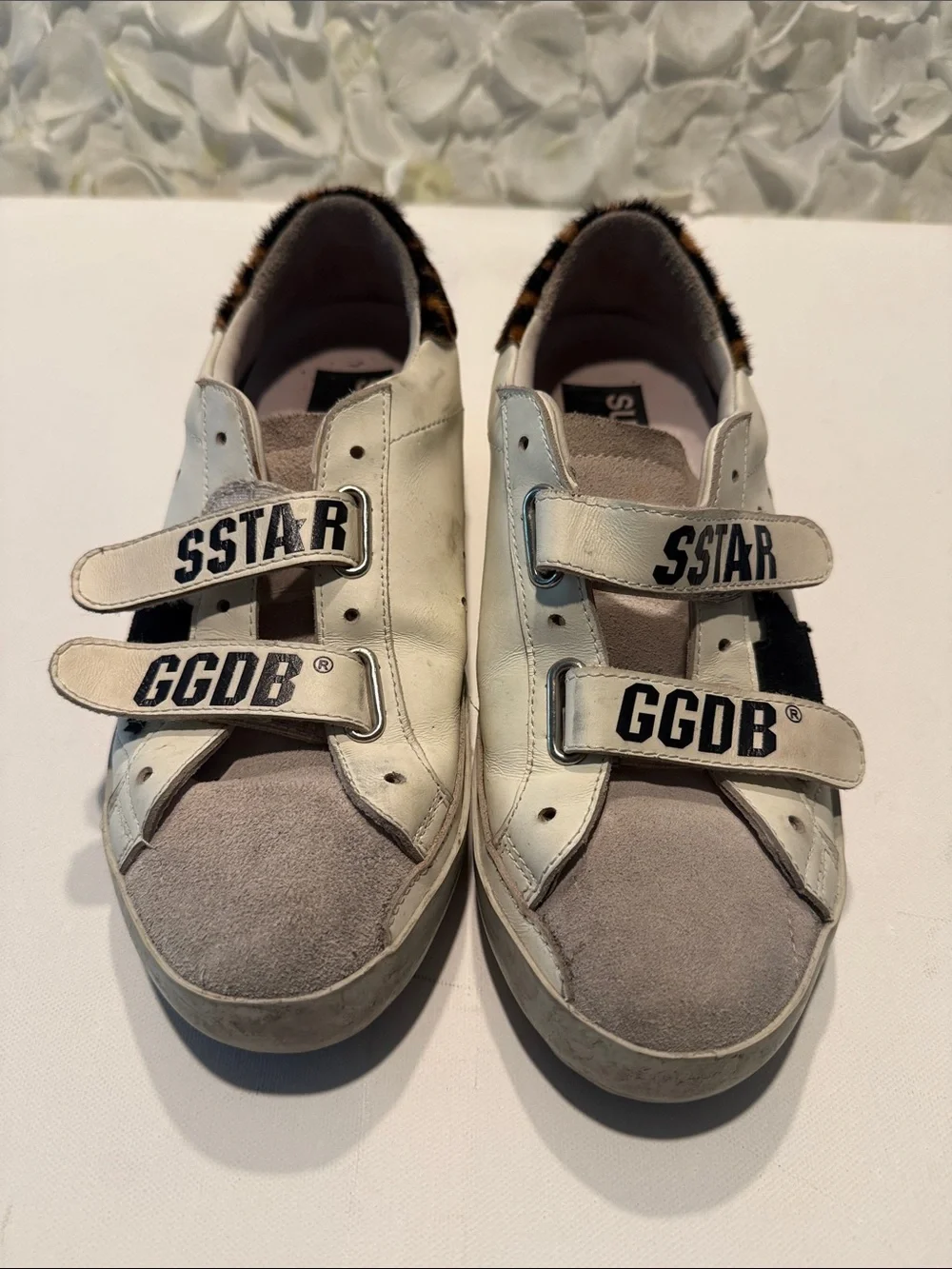 Golden Goose White Leather & Gray Suede Velcro Sneakers with Leopard Heel - Picture 1 of 6